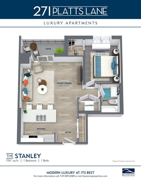 Floor plan for 1 bed, 1 bath, 750 sqft